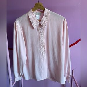 Vintage-Inspired Lace Trim Pink Blouse